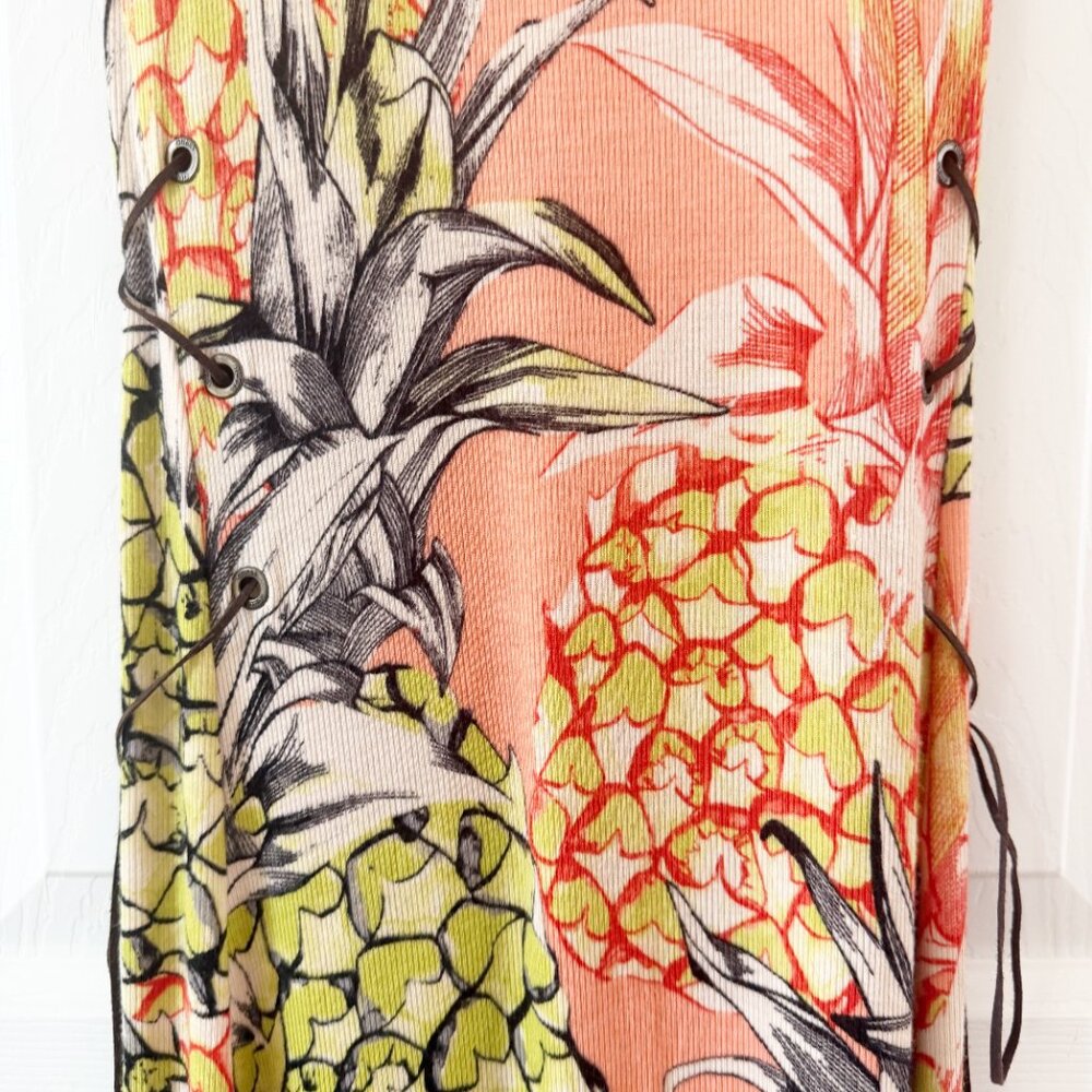 Guess | Ribbed Maxi Dress in Pineapple Print With Leather Side Laces | XS - Picture 4 of 8